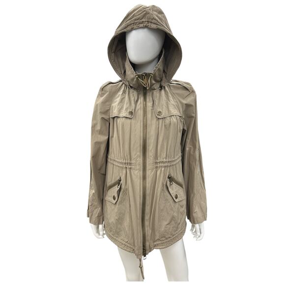 Burberry Brit Jacket Women’s Size 6 Utility Trench Rain Cargo with Hood in Beige - Picture 1 of 7